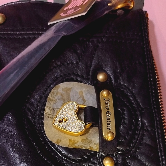 JUICY COUTURE Black Leather LG Pave Crystal Locket Wallet Wristlet NWT - Picture 8 of 10